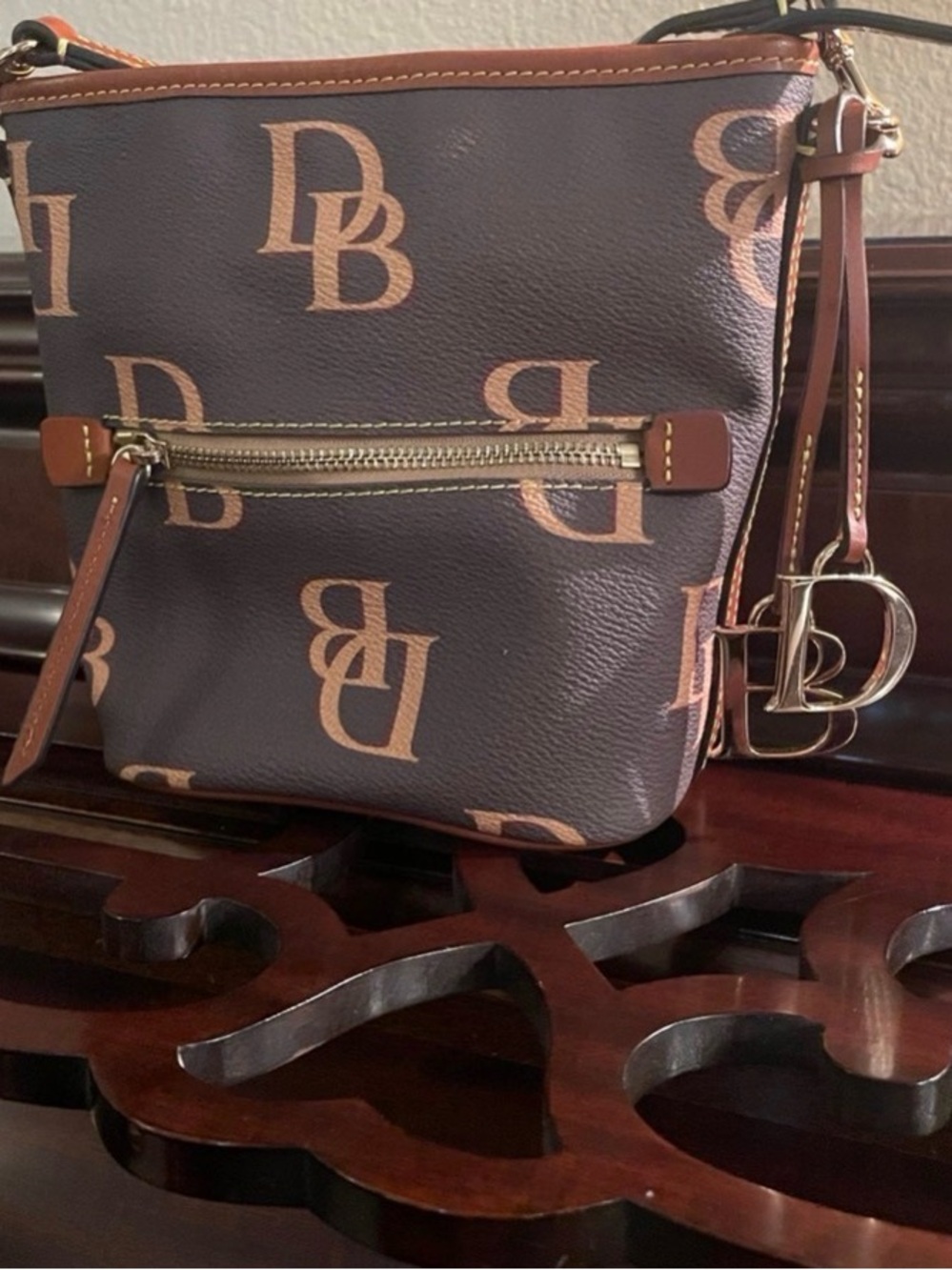 Dooney & Bourke Brown Logo Crossbody with Tan Accents
